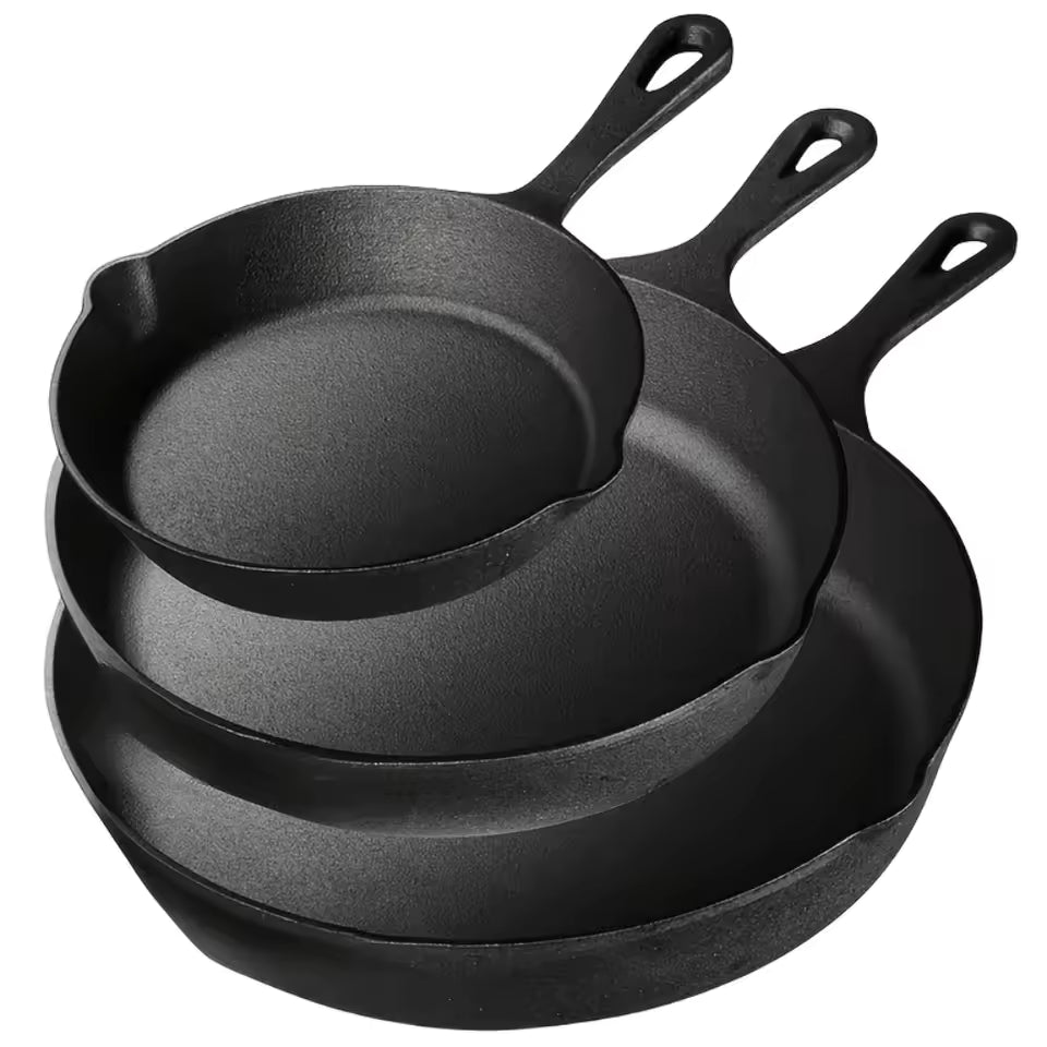 3PCS Cast Iron Skillet Set (6/8/10 Inch) Pre-Seasoned, Heavy-Duty Pans for Oven, Grill & Campfire, Even Heat, Non-Stick Surface